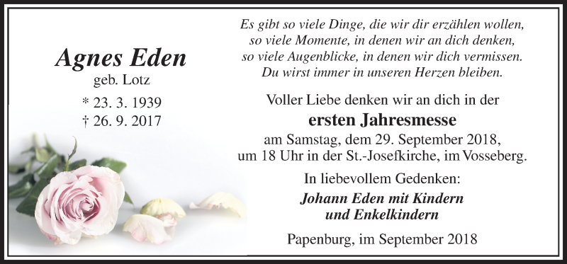  Traueranzeige für Agnes Eden vom 26.09.2018 aus Neue Osnabrücker Zeitung GmbH & Co. KG