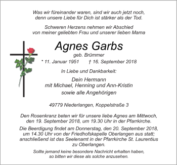 Traueranzeige von Agnes Garbs von Neue Osnabrücker Zeitung GmbH & Co. KG