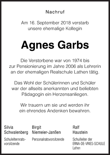 Traueranzeige von Agnes Garbs von Neue Osnabrücker Zeitung GmbH & Co. KG