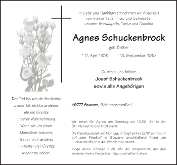 Traueranzeige von Agnes Schuckenbrock von Neue Osnabrücker Zeitung GmbH & Co. KG