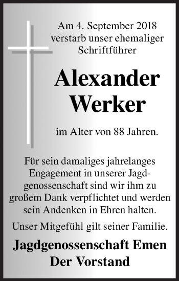 Traueranzeige von Alexander Werker von Neue Osnabrücker Zeitung GmbH & Co. KG