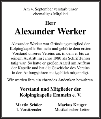 Traueranzeige von Alexander Werker von Neue Osnabrücker Zeitung GmbH & Co. KG