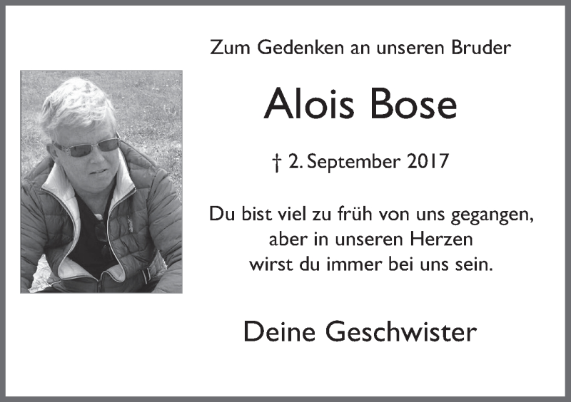  Traueranzeige für Alois Bose vom 01.09.2018 aus Neue Osnabrücker Zeitung GmbH & Co. KG