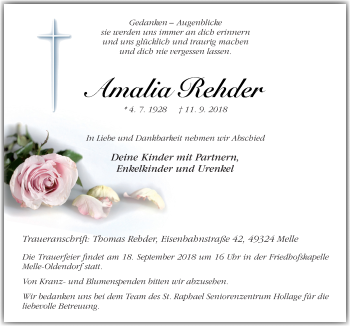 Traueranzeige von Amalia Rehder von Neue Osnabrücker Zeitung GmbH & Co. KG