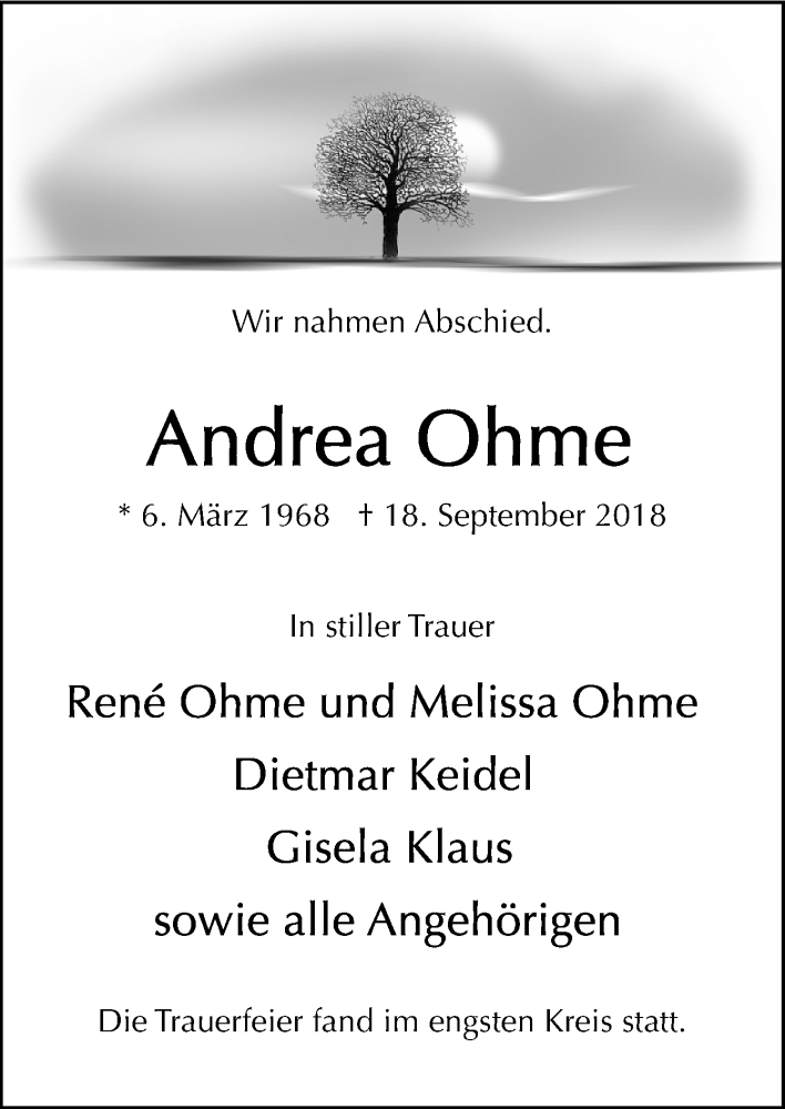  Traueranzeige für Andrea Ohme vom 29.09.2018 aus Neue Osnabrücker Zeitung GmbH & Co. KG