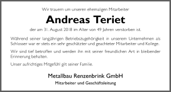 Traueranzeige von Andreas Teriet von Neue Osnabrücker Zeitung GmbH & Co. KG