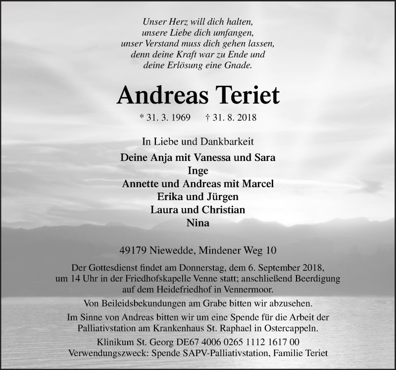  Traueranzeige für Andreas Teriet vom 03.09.2018 aus Neue Osnabrücker Zeitung GmbH & Co. KG