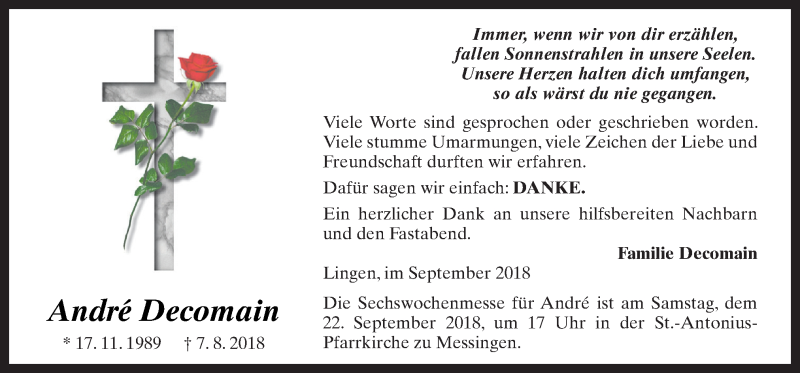  Traueranzeige für André Decomain vom 20.09.2018 aus Neue Osnabrücker Zeitung GmbH & Co. KG