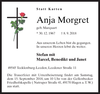 Traueranzeige von Anja Morgret von Neue Osnabrücker Zeitung GmbH & Co. KG