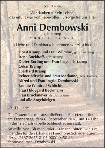 Traueranzeige von Anni Dembowski von Neue Osnabrücker Zeitung GmbH & Co. KG