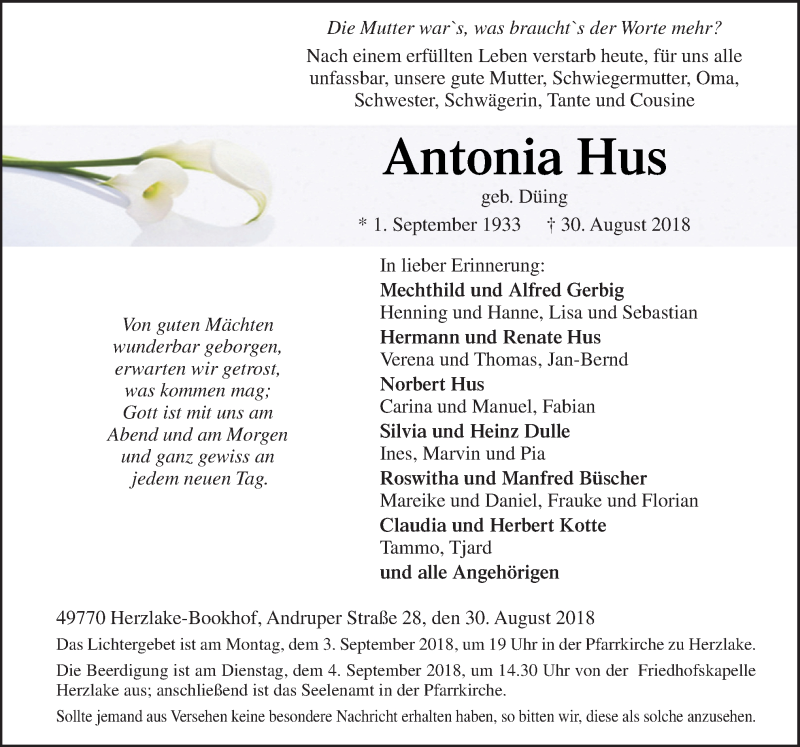  Traueranzeige für Antonia Hus vom 01.09.2018 aus Neue Osnabrücker Zeitung GmbH & Co. KG