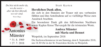 Traueranzeige von Antonius Münster von Neue Osnabrücker Zeitung GmbH & Co. KG