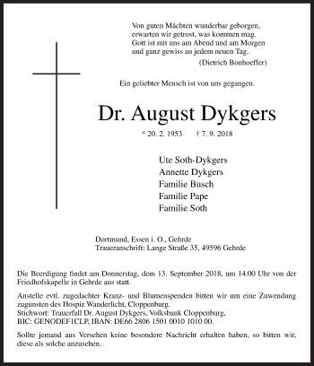 Traueranzeige von August Dykgers von Neue Osnabrücker Zeitung GmbH & Co. KG