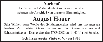Traueranzeige von August Höger von Neue Osnabrücker Zeitung GmbH & Co. KG
