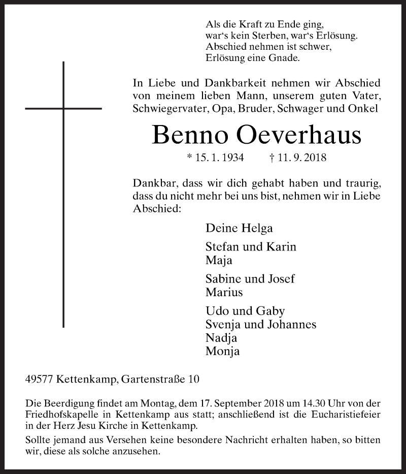  Traueranzeige für Benno Oeverhaus vom 14.09.2018 aus Neue Osnabrücker Zeitung GmbH & Co. KG