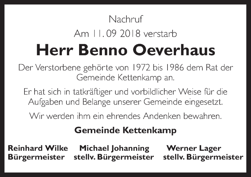  Traueranzeige für Benno Oeverhaus vom 17.09.2018 aus Neue Osnabrücker Zeitung GmbH & Co. KG