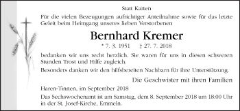 Traueranzeige von Bernhard Kremer von Neue Osnabrücker Zeitung GmbH & Co. KG