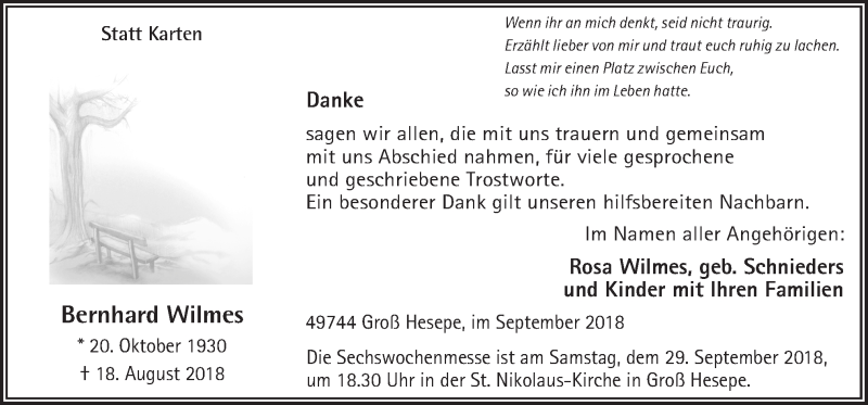  Traueranzeige für Bernhard Wilmes vom 26.09.2018 aus Neue Osnabrücker Zeitung GmbH & Co. KG