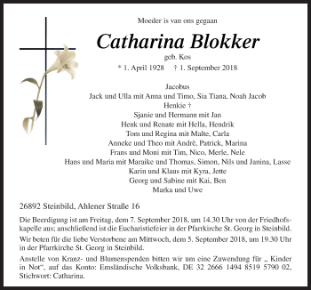 Traueranzeige von Catharina Blokker von Neue Osnabrücker Zeitung GmbH & Co. KG