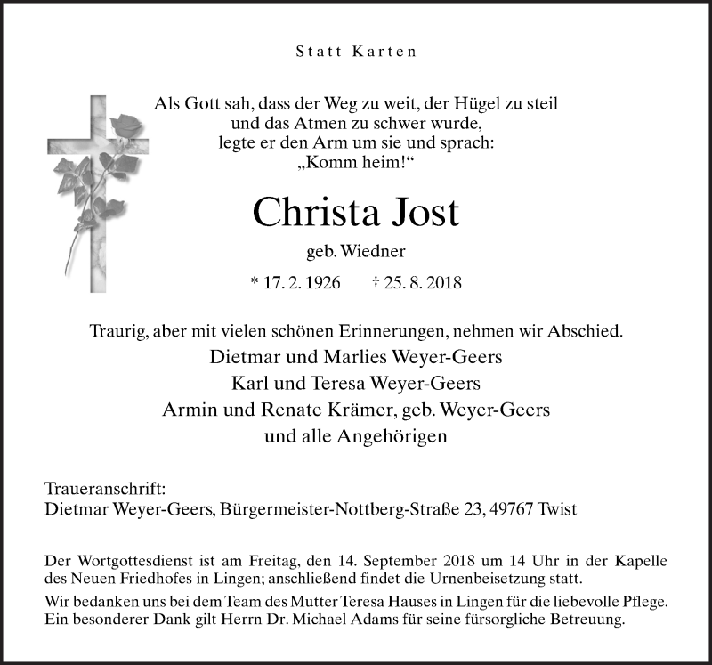Traueranzeigen von Christa Jost | noz Trauerportal