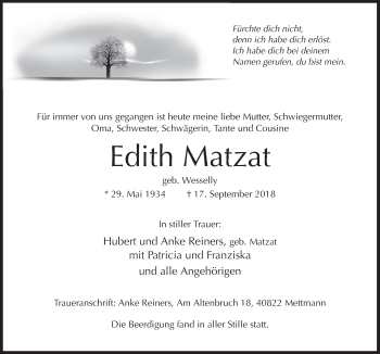 Traueranzeige von Edith Matzat von Neue Osnabrücker Zeitung GmbH & Co. KG