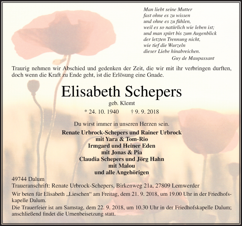  Traueranzeige für Elisabeth Schepers vom 19.09.2018 aus Neue Osnabrücker Zeitung GmbH & Co. KG
