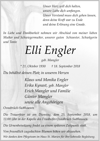 Traueranzeige von Elli Engler von Neue Osnabrücker Zeitung GmbH & Co. KG