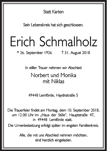 Traueranzeige von Erich Schmalholz von Neue Osnabrücker Zeitung GmbH & Co. KG