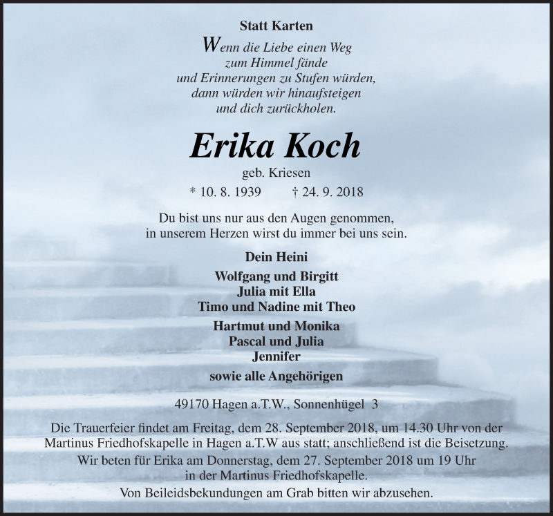  Traueranzeige für Erika Koch vom 26.09.2018 aus Neue Osnabrücker Zeitung GmbH & Co. KG