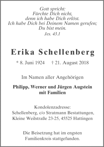 Traueranzeige von Erika Schellenberg von Neue Osnabrücker Zeitung GmbH & Co. KG