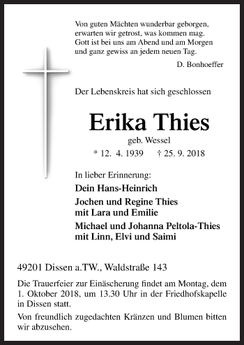 Traueranzeige von Erika Thies von Neue Osnabrücker Zeitung GmbH & Co. KG