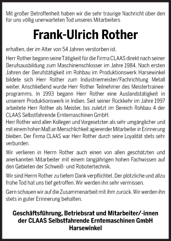 Traueranzeige von Frank-Ulrich Rother von Neue Osnabrücker Zeitung GmbH & Co. KG