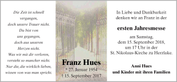 Traueranzeige von Franz Hues von Neue Osnabrücker Zeitung GmbH & Co. KG