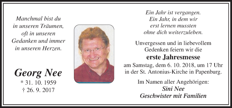  Traueranzeige für Georg Nee vom 25.09.2018 aus Neue Osnabrücker Zeitung GmbH & Co. KG