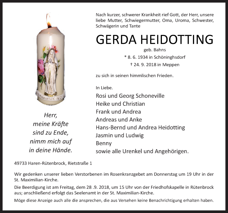  Traueranzeige für Gerda Heidotting vom 26.09.2018 aus Neue Osnabrücker Zeitung GmbH & Co. KG