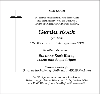 Traueranzeige von Gerda Kock von Neue Osnabrücker Zeitung GmbH & Co. KG