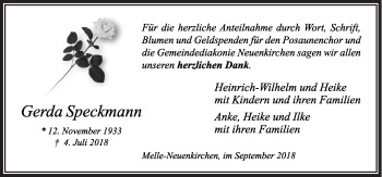 Traueranzeige von Gerda Speckmann von Neue Osnabrücker Zeitung GmbH & Co. KG