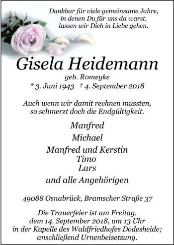 Traueranzeige von Gisela Heidemann von Neue Osnabrücker Zeitung GmbH & Co. KG