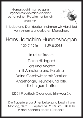 Traueranzeige von Hans-Joachim Hunneshagen von Neue Osnabrücker Zeitung GmbH & Co. KG