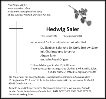 Traueranzeige von Hedwig Saler von Neue Osnabrücker Zeitung GmbH & Co. KG