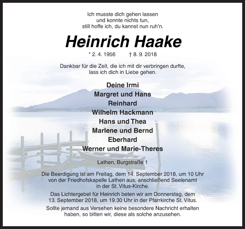  Traueranzeige für Heinrich Haake vom 11.09.2018 aus Neue Osnabrücker Zeitung GmbH & Co. KG