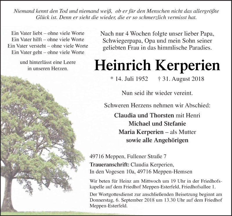  Traueranzeige für Heinrich Kerperien vom 03.09.2018 aus Neue Osnabrücker Zeitung GmbH & Co. KG