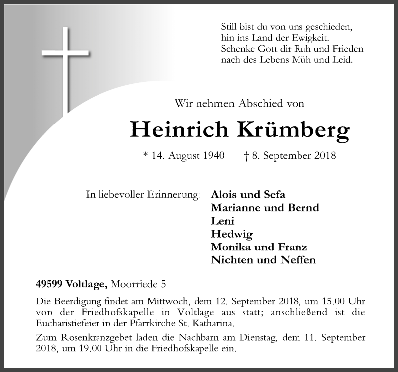  Traueranzeige für Heinrich Krümberg vom 10.09.2018 aus Neue Osnabrücker Zeitung GmbH & Co. KG