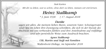 Traueranzeige von Heinz Stallkamp von Neue Osnabrücker Zeitung GmbH & Co. KG