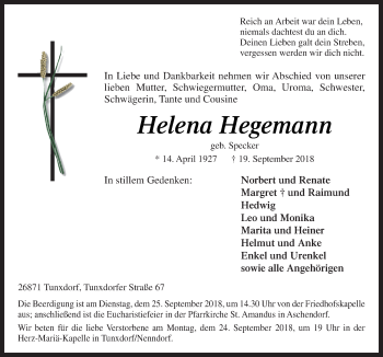 Traueranzeige von Helena Hegemann von Neue Osnabrücker Zeitung GmbH & Co. KG
