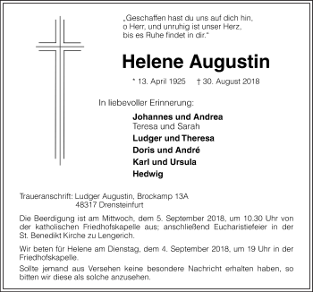 Traueranzeige von Helene Augustin von Neue Osnabrücker Zeitung GmbH & Co. KG