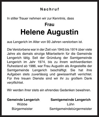 Traueranzeige von Helene Augustin von Neue Osnabrücker Zeitung GmbH & Co. KG