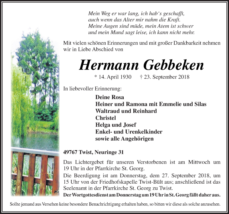 Traueranzeige für Hermann Gebbeken vom 25.09.2018 aus Neue Osnabrücker Zeitung GmbH & Co. KG