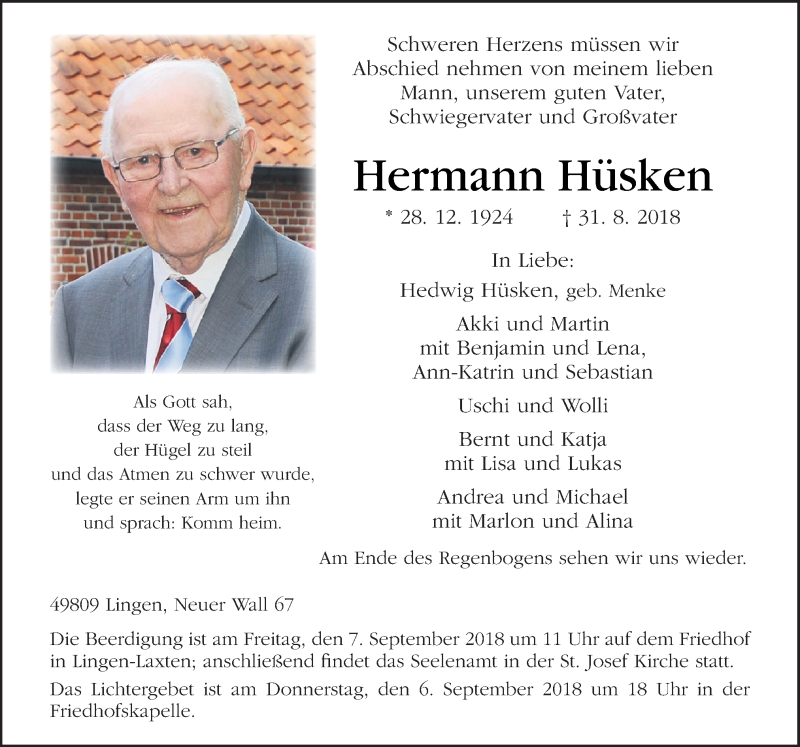  Traueranzeige für Hermann Hüsken vom 04.09.2018 aus Neue Osnabrücker Zeitung GmbH & Co. KG
