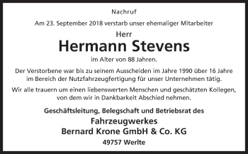 Traueranzeige von Hermann Stevens von Neue Osnabrücker Zeitung GmbH & Co. KG